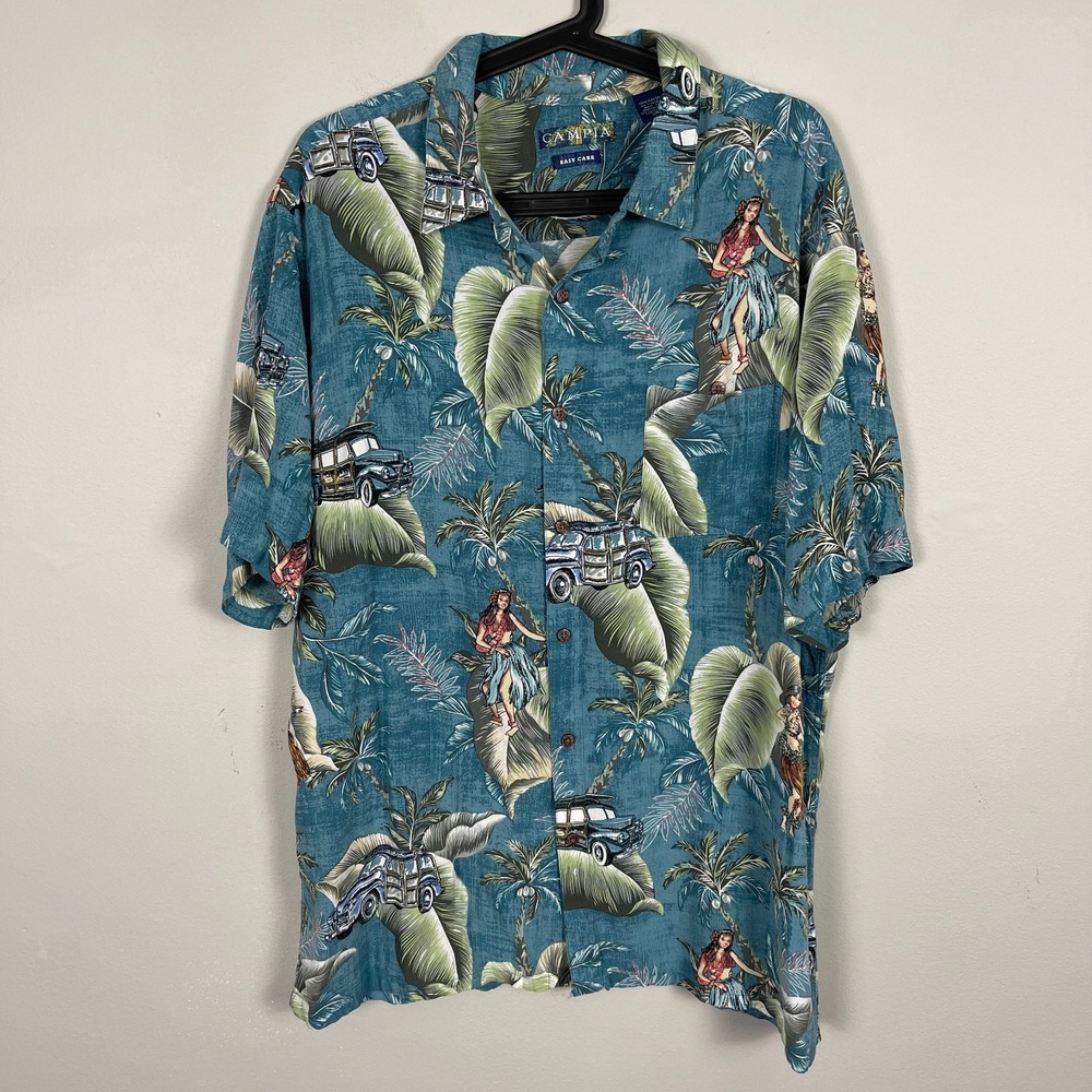 Men's Blue Green Floral Hawaiian Short Sleeve Shirt Size XL